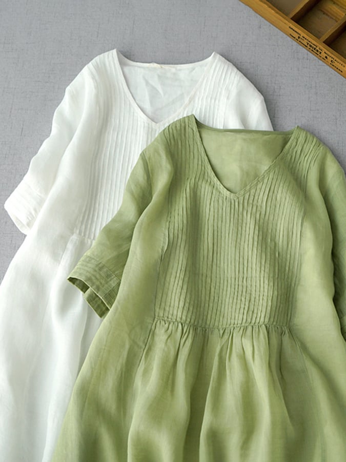 Elegant Pleated Loose Cotton Linen Dress