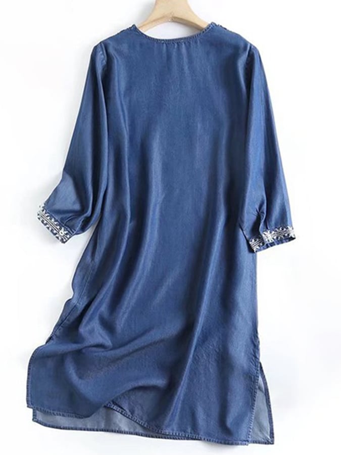 Ethnic Style V-neck Embroidery Drape Breathable Tencel Denim Dress