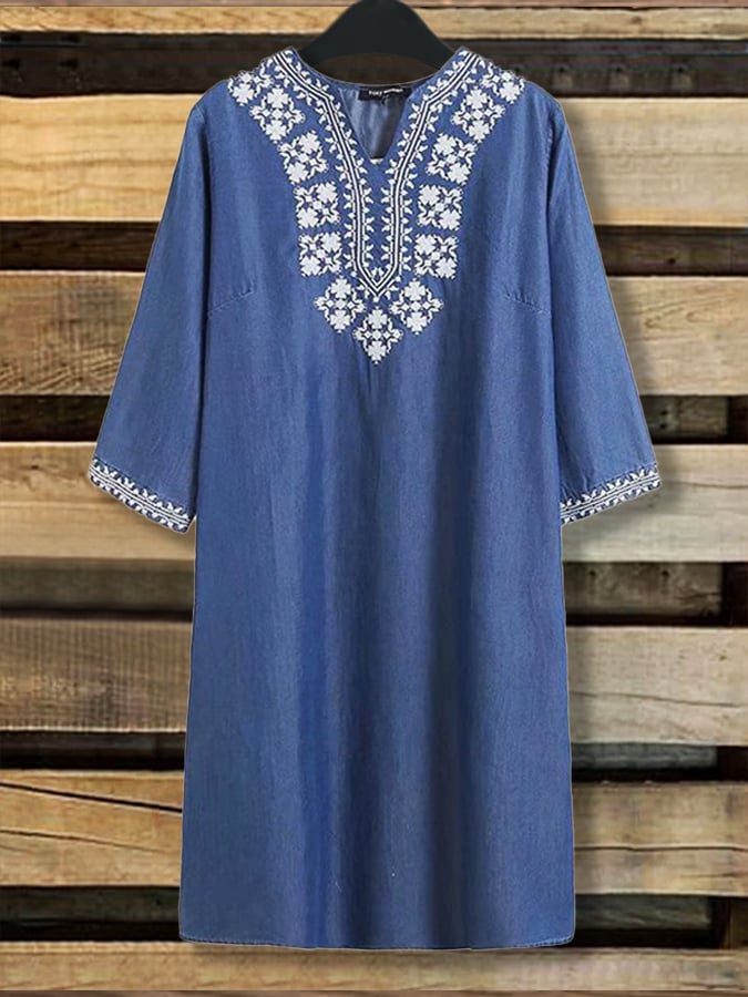 Ethnic Style V-neck Embroidery Drape Breathable Tencel Denim Dress